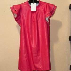 Women’s Voy BARBIE PINK vegan leather ruffle sleeve detail A Line dress NWT